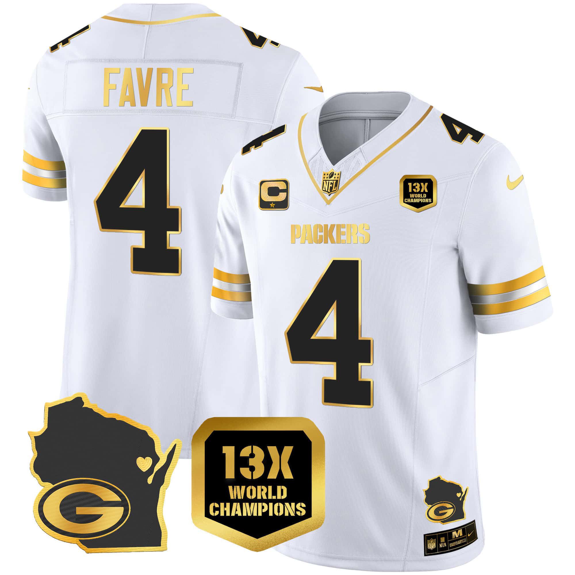 Men Green Bay Packers #4 Favre White Gold 2024 Nike World Champions Home Patch Vapor NFL Jersey